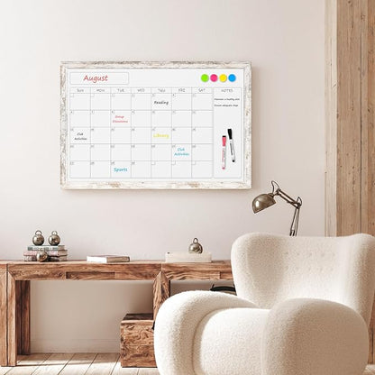 Monthly Dry Erase Calendar Whiteboard for Wall, 36" x 24" Magnetic White Board Calendar Board - Rustic Vintage Wooden Frame