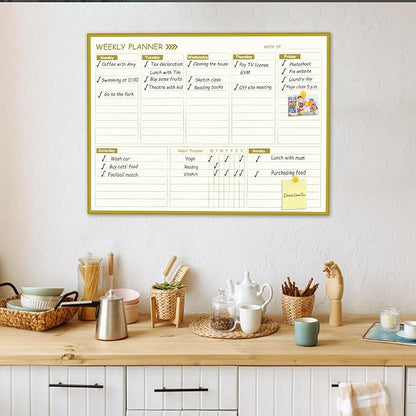 Large Weekly Dry Erase Board for Wall,20"x28",Gold Aluminum Frame Magnetic Weekly Planner Whiteboard for to Do List, Memo, School, Home, Office, Kitchen
