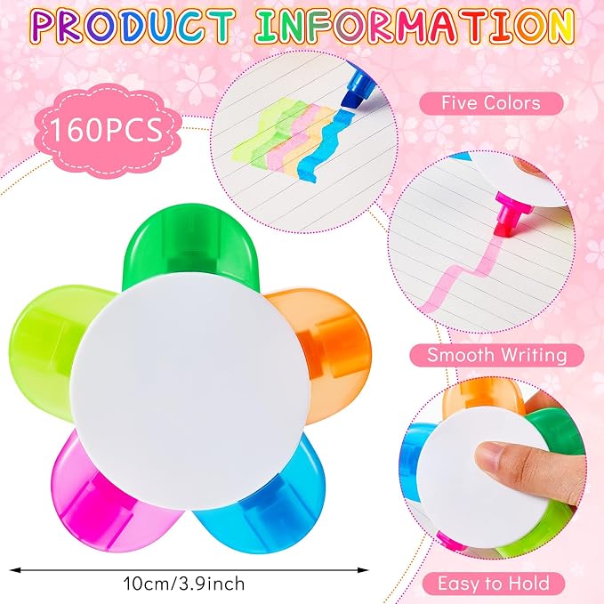 Outus 160 Pieces Petals Highlighters Assorted Colors Back to School Flower Shape Watercolor Highlighter Pens 5-in-1 Fluorescent Pens for Office School Stationery Aesthetic Supplies,5 Colors
