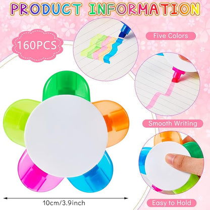 Outus 160 Pieces Petals Highlighters Assorted Colors Back to School Flower Shape Watercolor Highlighter Pens 5-in-1 Fluorescent Pens for Office School Stationery Aesthetic Supplies,5 Colors