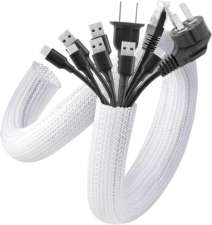 AGPTEK Cable Sleeve Cover, 6.6ft - 1.5 inch Desk Cord Organizer Cable Hider, Home Office Wire Management Computer TV Wire Loom Tubing, Pet Proof Cord Protector, from Cat Dog Chewing, White