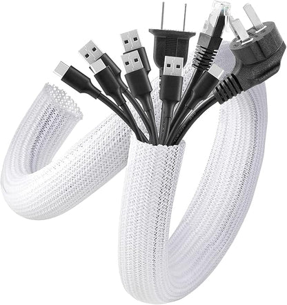 AGPTEK Cable Sleeve Cover, 6.6ft - 1.5 inch Desk Cord Organizer Cable Hider, Home Office Wire Management Computer TV Wire Loom Tubing, Pet Proof Cord Protector, from Cat Dog Chewing, White