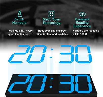 LED Large Digital Wall Clock, Oversize Wall Clock with 6” Numbers, Remote Control Count up/Countdown Timer Clock, Auto Dimmer, Big Calendar and Thermometer(Ice Blue)