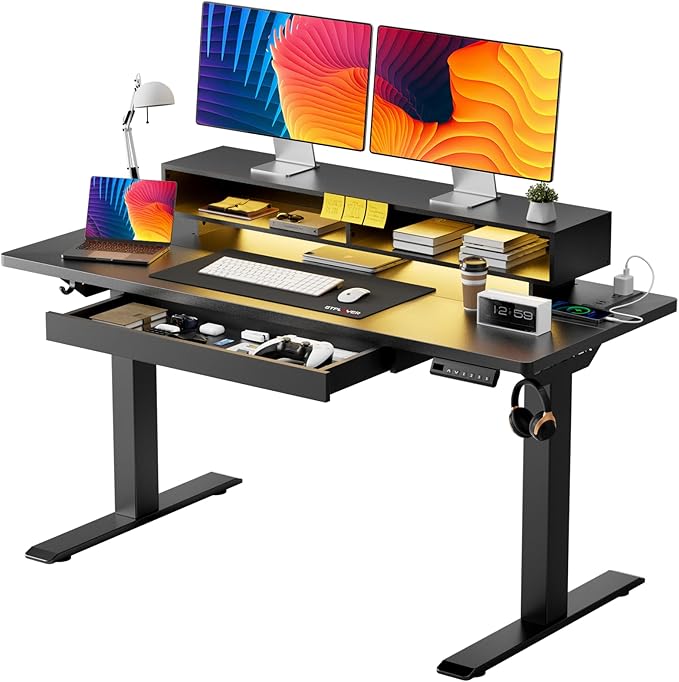 GTPLAYER Electric Standing Desk with Drawers, 48 x 24 Inch Height Adjustable Gaming Desk with Monitor Stand, Power Outlets & LED Lights, Home Office Sit Stand Up Desk with Memory Preset (Black)