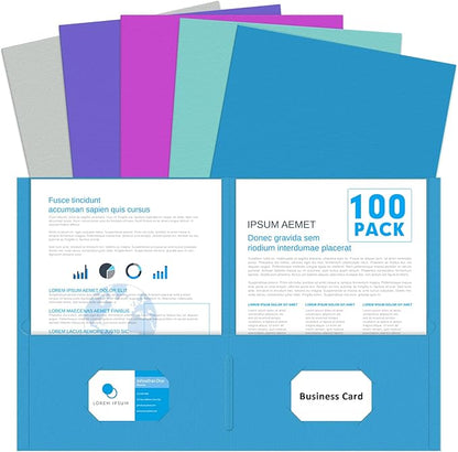 Two Pocket Folders, PANDRI 100 Pack 2 Pocket Folders, Letter Size Paper File Folder for School Office Home Business, Assorted 5 Colors