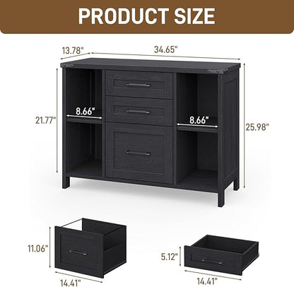 Vabches File Cabinet with 3 Drawers, Farmhouse Lateral File Cabinet Fits Files Letter/A4 Size, Wooden Filing Cabinet with Adjustable Shelves Printer Stand for Home Office, Black