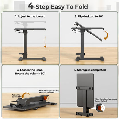 Foldable Mobile Standing Desk, 27 Inch Small Rolling Laptop Cart Height Adjustment, 90° Tiltable Sofaside Table, No Assembly Needed Portable Computer Workstation, Black