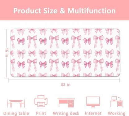 Britimes Pink Ribbon Bow Desk Mat Cute Girl Deak Pad Non-Slip PU Leather Large Keyboard Mouse Pad Office Desktop Accessories for Office,Work,Home Decor(31.5"X15.7")