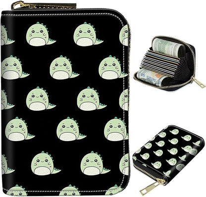 BWEGRHE Cute Credit Card Holder with Zipper, Cute Dinosaurs RFID-Blocking Card Case Small Wallet for Women Men, Multi-slot Card Organizer Case Travel Accordion Wallet
