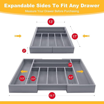 oridom Large Premium Bamboo Silverware Organizer - Expandable Drawer Organizer & Utensil Organizer - 17"x19.7" Cutlery Tray with Dividers for Kitchen Utensils and Flatware (7-9 Slots) (Grey)