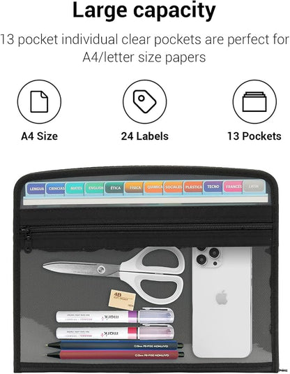 Mukawa 13 Pocket Expanding File Folder, Zippered Accordion File Organizer with Front Clear Pounch, Expandable Filing Folders for Documents, Papers Letter Size, Black