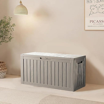 PATIOEASY Outdoor Storage Box 80GAL Waterproof Resin Deck Box,UV-Resistant Lockable Delivery Bin for Garden Tools,Small Outside Cushions,Pool Accessories Supplies,Chest,Furniture,Package,Grey