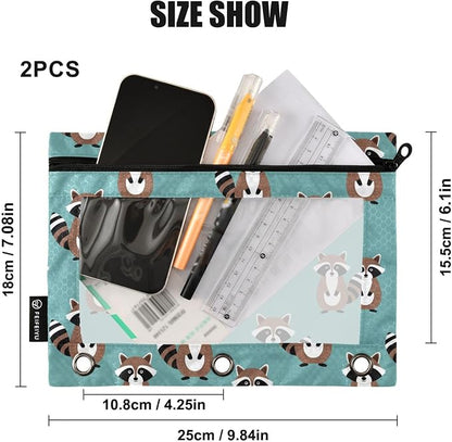 Emelivor Raccoon Teal Pencil Pouch for 3 Ring Binder 2 Pack Binder Pencil Case with Clear Window Pencils Bags with Zipper for Storing College Office Supplies
