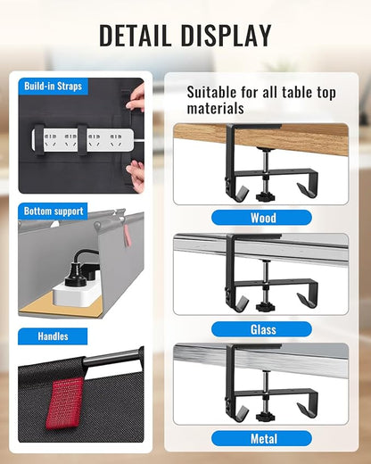 No Drill Cable Management Under Desk, 28" Cord Organizer for Table, Clamp/Screw Mount Cable Tray, Premium Black Fabric Desk Cord Management Tray for Office, Home (Regular (28 in))