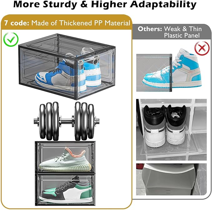 7 code Large Clear Shoe Boxes Organizer【Thicker Material】 Stronger Shoe Box with Magnetic Door, Stackable Shoe Storage Box for Closet, Foldable Space-Saving Storage Bins Shoe Cabinet, Black 9-Pack