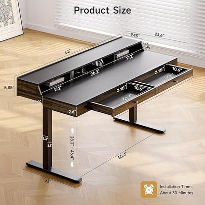 ONBRILL Modern Standing Desk with Storage, 63x23.6 Inch Electric Adjustable Height Desk with 2 Drawers, 3 Open Storage Zones, Black