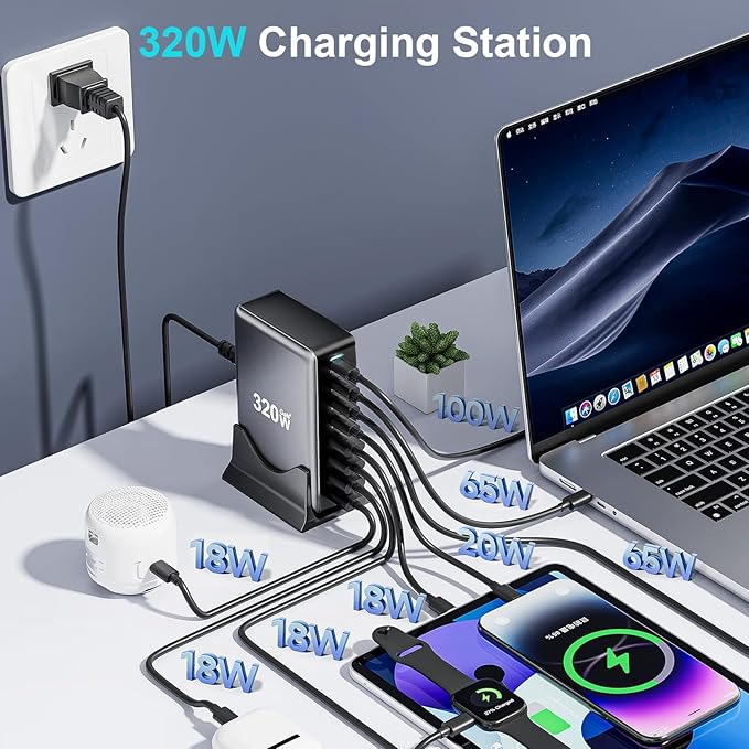 320W USB C Fast Charger Block, 8 Port USB Charging Station, GaN Ⅲ Pro 100W PD PPS Port Fast Charging Station Hub, Laptop Wall Charger Compatible with MacBook, iPhone 17, iPad, Android Devices etc