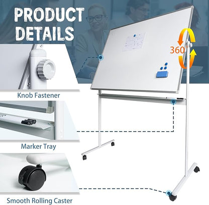 Rolling Whiteboard Magnetic Writeboard 48"x36" Flip Chart with 4 Wheels 2-in-1 Easel-Style Dry Erase Boards 2-in-1 Message Bulletin Board (White)