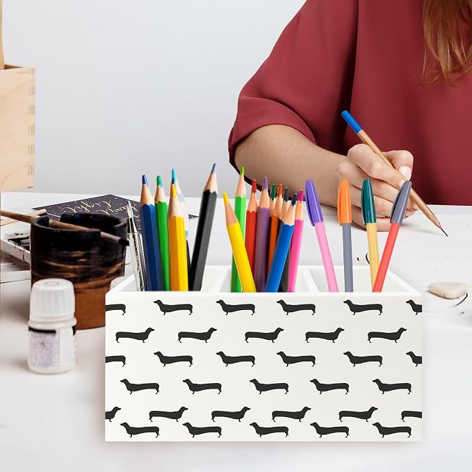 Black Dachshund Pen Pencil Holder Organizer for Desk, Weiner Dog Gifts Wooden Box Signs Decorations for Home Office Desk Tabletop, Dachshund Lovers Gifts for Women Men