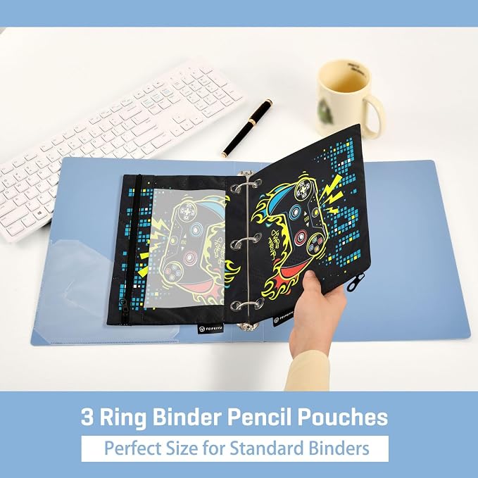 Play Game Binder Pouches 3 Ring for Boys Girls School Office College Supplies Toy Game pad Black Pencil Pouches Case Bag with Clear Window and Zipper 2 Pack