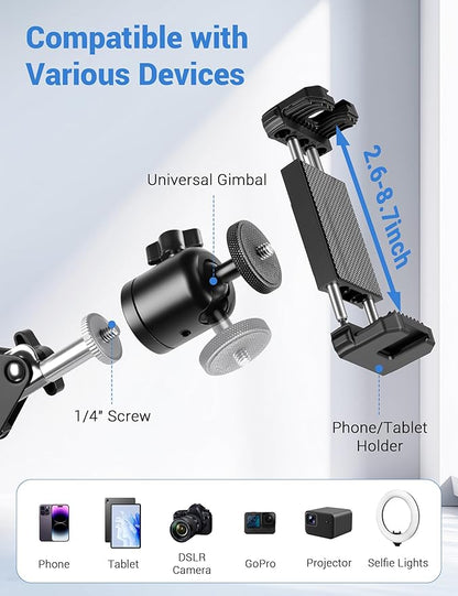 Evekea Overhead Camera Mount, Desk Camera Mount with 360° Adjustable Arm and Phone Holder for DSLR Cameras/iPhone/Webcam/Ring Light, Desk Phone Stand for Video Recording,Zoom Meeting,YouTube,TikTok