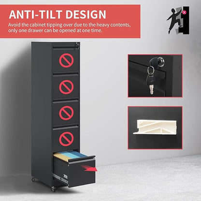 IKIMI 5 Drawer Locking File Cabinet with Wheels,Metal Mobile Filing Cabinets,Black Vertical File Cabinet for Home Office,Heavy Duty Storage Cabinet for A4/Letter/Legal Size File,Assembly Required