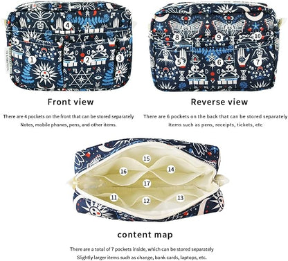E-WEICHEN Multiple Pockets Portfolio Organizer with Zippered, Makeup Bag Travel Essentials for Women, Simple Waterproof Stationery Pencil Pouch Bag for Journal Office Art Supplies.Black Evil Eyes