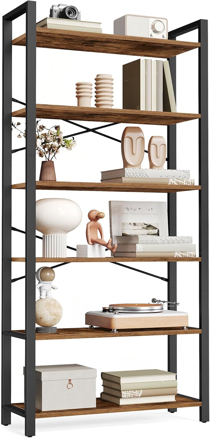 VASAGLE 6-Tier Bookshelf, Bookcase with Steel Frame, Book Shelf for Living Room, Home Office, Study, 11.8 x 26 x 73.2 Inches, Industrial Style, Rustic Brown and Ink Black ULLS062B01