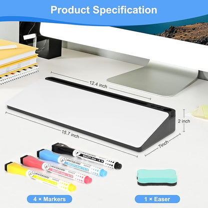 Desktop Glass Whiteboard with Storage, Desk White Board with Computer Keyboard Stand, White Dry Erase Board with Drawers for Home, School, Office Desk Organizers and Accessories