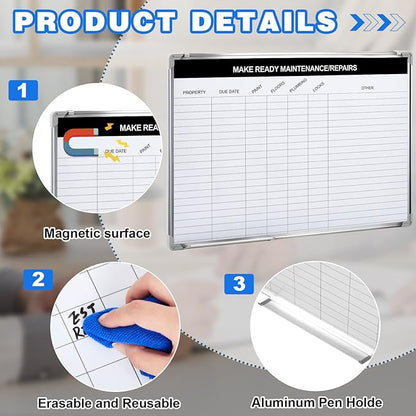 Lincia Make Ready Maintenance/Repairs Dry Erase Whiteboard Magnetic Dry Erase Board with Lines Sliding Marker Tray Aluminum Frame White Board Planner for Wall for Track Office Supplies
