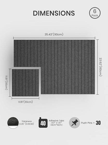 Bumusty Large Cork Board Alternative-36 x24 Felt Bulletin Board Tiles, with 30 Pushpins, 40 Adhesive Tabs, 6-Pack Slat Wall Paneling, Cork Boards for Office Push Pin Board Felt Board-Charcoal Gray
