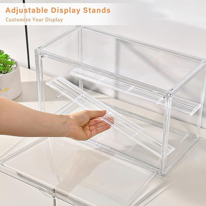 Freebat Clear Acrylic Display Case for Collectibles - 3-Tier Adjustable Figure Display with Magnetic Door & Removable Shelves,Stackable Dispaly Box for Figures - 2 Pack