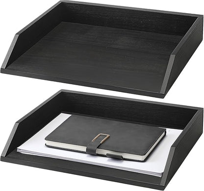 Beeveer 2 Pcs Wooden Letter Trays Wood Letter-Size Desk Organizer Heavy Duty 2 Tier Stackable Supports Paper Tray Desktop Drawer Organizer File Folder Magazine Office Accessories (Black)