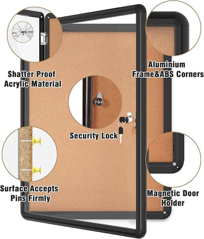 Mifuro 26"x20" Enclosed Bulletin Board, Lockable Weather-Resistant Aluminum Cork Noticeboard for School & Office, Black Frame w/Cork