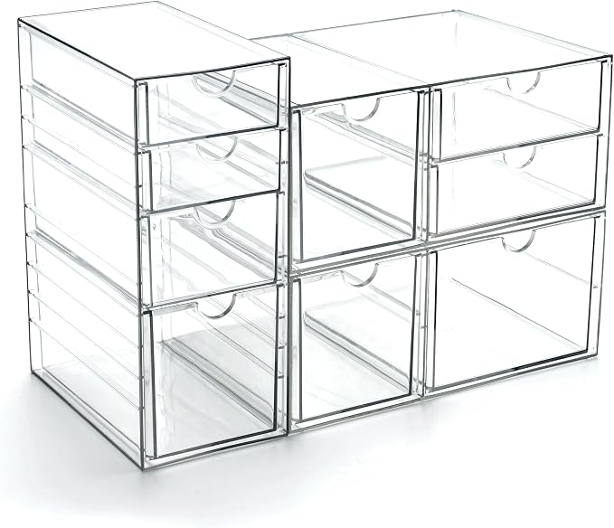 Prsildan Acrylic Drawer Makeup Organizer with 9 Drawers, Set of 3 Office Desk Organizers Accessories, Clear Stackable Storage Drawers for Vanity, Countertop, Craft, Jewelry, Art Supply Organization