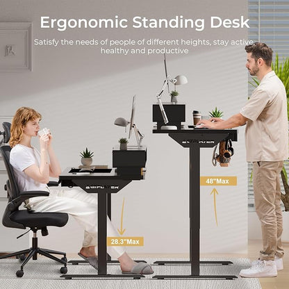GTPLAYER Electric Standing Desk with Drawers, 48 x 24 Inch Height Adjustable Gaming Desk with Monitor Stand, Power Outlets & LED Lights, Home Office Sit Stand Up Desk with Memory Preset (Black)