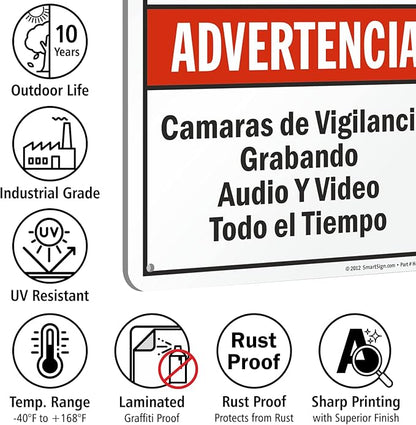 SmartSign 18 x 12 inch “Warning - Audio & Video Surveillance On Duty At All Times” Bilingual Sign, 63 mil Laminated Rustproof Aluminum, Red, Black and White, Made in USA