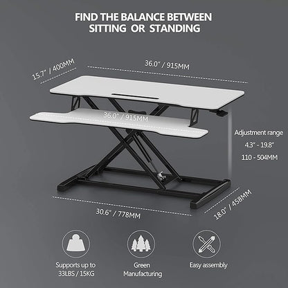 FITUEYES Height Adjustable Standing Desk 36” Wide Sit to Stand Converter Stand Up Desk Tabletop Workstation for Laptops Dual Monitor Riser White SD309103WW