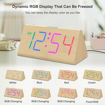 DreamSky Wooden Digital Alarm Clock for Bedroom - RGB Electric Desk Clock with Large Numbers, USB Port, Loud Alarm for Heavy Sleepers, Dimmer and Volume Control, Snooze, Wood Décor, Adapter Powered