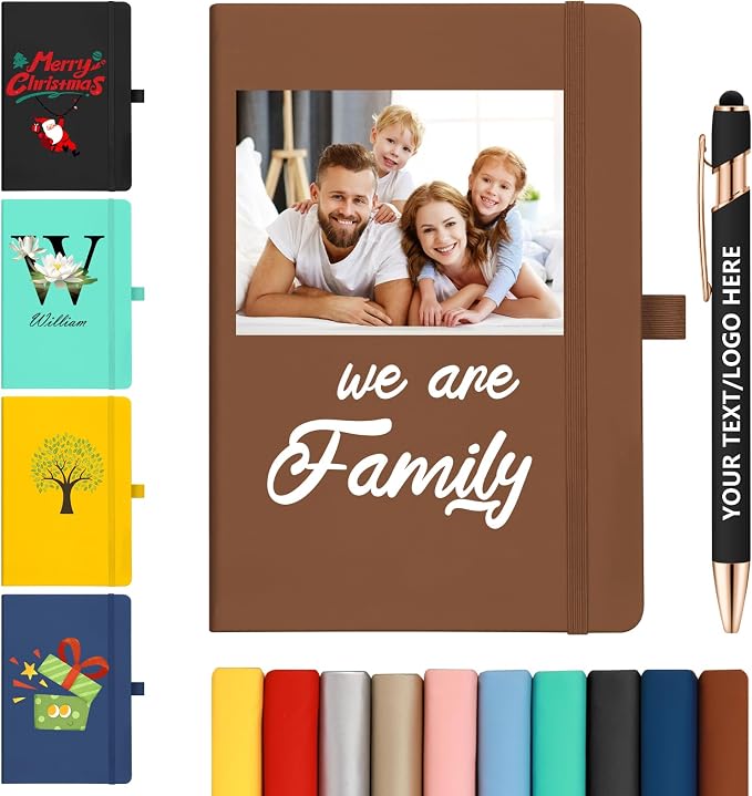 ENOMY Personalized Notebook & 10 PC Pens Gift Set Custom Notebook Journal A5 200 Pages A5 Lined Journal for Men Women Hardcover Notebooks for Work College Graduation Gifts, Brown