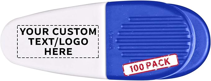 100 Magnetic Memo Holders Set - Customizable Text, Logo - Large Clip, Plastic - White Blue