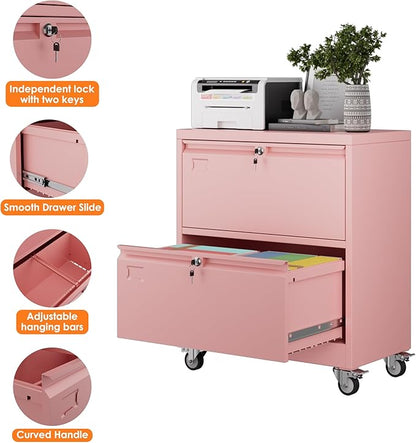 METAN Upgrade 2 Drawers Lateral File Cabinet on Wheels,Steel Office Filing Storage Cabinet with 2 Locks,Assembly Required,Pink