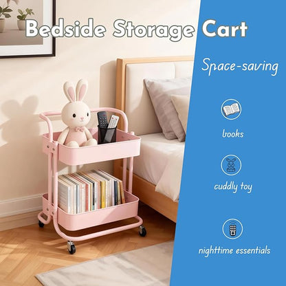 Ufriandz 2 Tier Short Rolling Cart with Wheels All-Metal Pink Pantry Storage for Kitchen,Under Desk Trolley with Handle Small Wheeled Storage Cart for Laundry Room Bathroom, Under Table Small Space