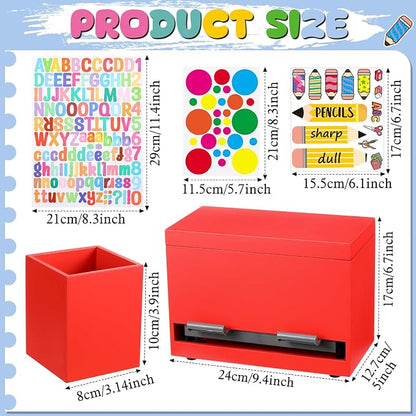 Mifoci 8 Pcs Wooden Pencil Dispenser Kit for Classroom Wooden Pen Holder Straw Dispenser Sharp and Dull Letter Stickers for Teachers Classroom Supplies Storage (Red)