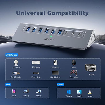 YH6AC Powered USB Hub 10Gbps, intpw 9-Port USB Splitter with USB A/USB C 3.2, 4 USB 3.0, 2 PD 45W Charging Ports, 65W Power Adapter + 3.3FT Cable, Aluminum USB Extender Hub for Laptop, PC,iPhone 17/16