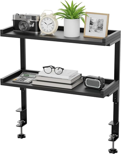 ART-GIFTREE Clamp On Desk Shelf 2-Tier, 16.5 in Wood Shelving Unit for Office Desk/Gaming Accessories, Tabletop Book Storage Rack, Shelf for Top of Desk, Black