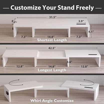 BONTEC Dual Monitor Stand Riser with Smartphone Holder, Adjustable Length & Swivel Angle, Ergonomic Wooden Desktop Organizer for PC Monitor, Laptop, Printer, Large Storage, White