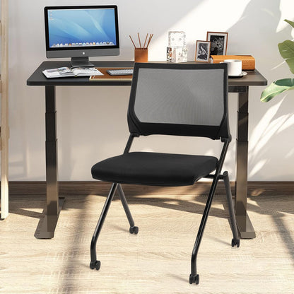 10PACK, Stackable & Foldable Chairs with Wheels, Reception Guest Chairs with Lumbar Support, Ergonomic Mesh Back Folding Chair for Office Schools Training Conference Waiting Room, Black,
