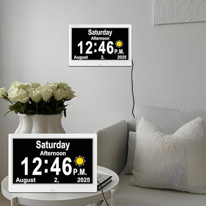 SSYA Dementia Clocks with Day and Date for Seniors,13 Alarms Custom Reminders, Extra Large Digital Calendar Clock for Elderly. (White)