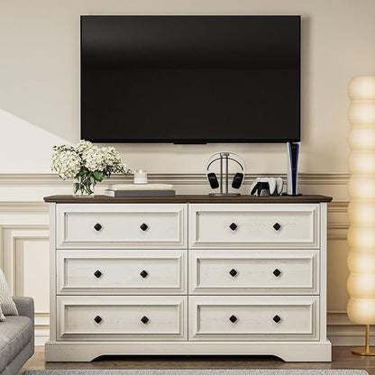 VVFLU Farmhouse 6 Drawer Dresser for Bedroom, 54" Wide Wood Dresser with Natural Texture, Rustic Chest of Drawers for Bedroom with Vintage Metal Hands, for Living Room, Hallway, Antique White